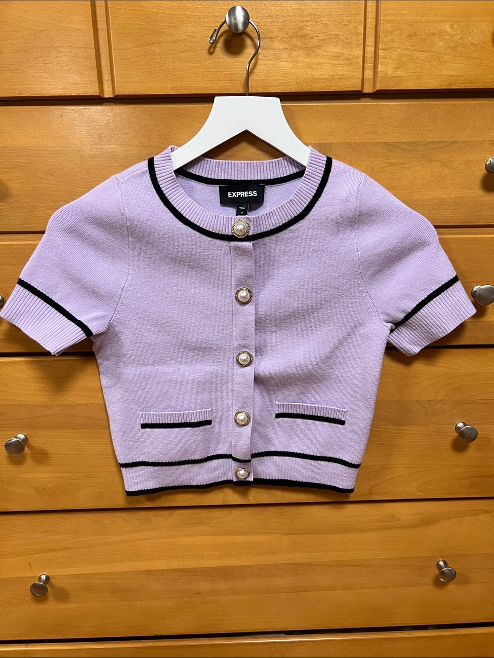 Express Lavender Short-Sleeve Cardigan with Black Trim